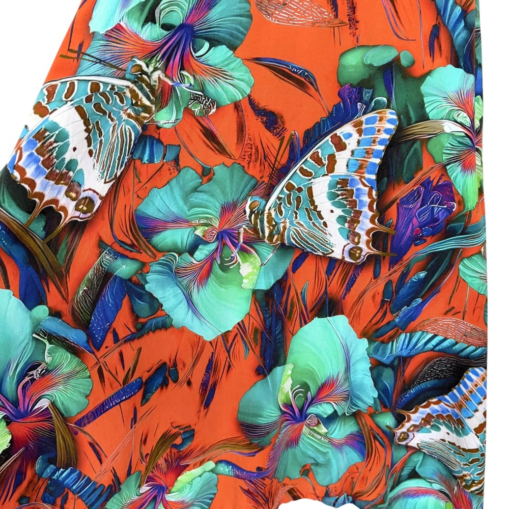 Vintage Boho Tropical Floral Butterfly Midi Dress M V-Neck Smock Made in Brazil - Picture 3 of 8